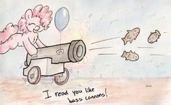 Size: 1173x719 | Tagged: safe, artist:slightlyshade, pinkie pie, earth pony, pony, g4, balloon, bass cannon, female, solo, traditional art