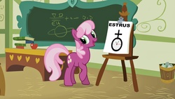 Size: 1280x720 | Tagged: safe, cheerilee, earth pony, pony, g4, apple, book, cheerilee's clipboard meme, estrus, exploitable meme, female, food, meme, ponyville schoolhouse, sex education, solo