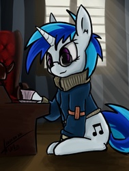 Size: 500x660 | Tagged: safe, artist:rublegun, dj pon-3, vinyl scratch, g4, clothes, glasses, sweater, teacup