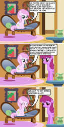 Size: 500x984 | Tagged: safe, artist:faikie, berry punch, berryshine, piña colada, ask applecore, g4, 3 panel comic, ask, comic, eyelashes, female, filly, foal, mare, older female, older sister, ramen, sisters, sitting, talking to viewer, tumblr, younger female