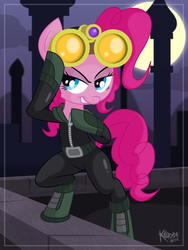 Size: 1735x2313 | Tagged: safe, artist:killryde, pinkie pie, earth pony, pony, g4, bipedal, catsuit, female, goggles, moon, pinkie spy, rooftop, solo, tower