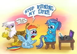 Size: 1000x706 | Tagged: safe, artist:fadri, gilda, rainbow dash, oc, oc:sorcerushorserus, griffon, pegasus, pony, unicorn, comic:dash academy, g4, computer, crying, dweeb, female, glowing horn, graphics tablet, horn, laptop computer, levitation, magic, magic aura, mare, ponysona, recursive fanart, self portrait, sorcerushorserus, telekinesis, trio