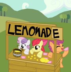 Size: 603x607 | Tagged: safe, artist:krisispiss, apple bloom, scootaloo, sweetie belle, g4, cutie mark crusaders, lemonade, lemonade stand