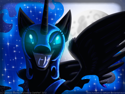 Size: 900x675 | Tagged: safe, artist:inuhoshi-to-darkpen, nightmare moon, pony, g4, blue sclera, bust, fangs, front view, looking at you, sharp teeth, slit pupils, spread wings, teeth, wings