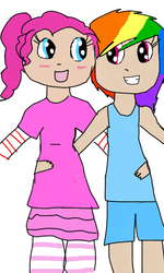 Size: 656x1096 | Tagged: safe, artist:kacotheunicorn, pinkie pie, rainbow dash, human, g4, clothes, friends, humanized, skirt