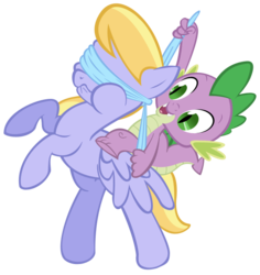 Size: 634x673 | Tagged: source needed, safe, artist:steeve, cloud kicker, spike, dragon, pegasus, pony, g4, blindfold, female, male, mare, ship:spikicker, simple background, transparent background, vector