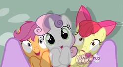 Size: 848x466 | Tagged: safe, edit, screencap, apple bloom, scootaloo, sweetie belle, twilight sparkle, pegasus, pony, unicorn, g4, hearts and hooves day (episode), cutie mark crusaders, female, filly, frown, inverted mouth, shrunken pupils, smiling, wide eyes