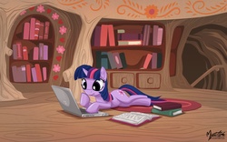 Size: 1920x1200 | Tagged: safe, artist:mysticalpha, twilight sparkle, pony, g4, book, computer, female, golden oaks library, laptop computer, solo, wallpaper