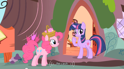 Size: 640x355 | Tagged: safe, screencap, pinkie pie, twilight sparkle, g4, party of one, youtube caption