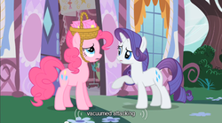 Size: 640x355 | Tagged: safe, screencap, pinkie pie, rarity, g4, party of one, youtube caption