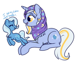 Size: 452x373 | Tagged: safe, artist:lulubell, trixie, oc, oc:blue moon, g4, clothes, headscarf, mother, mother and daughter, parent, scarf, simple background, transparent background, younger