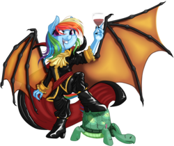Size: 1578x1323 | Tagged: safe, artist:kittehkatbar, rainbow dash, tank, vampire, anthro, g4, bat wings, blood, castlevania, castlevania: symphony of the night, costume, dracula, glass, simple background, transparent background, wine glass, wings