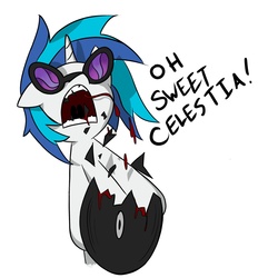 Size: 1600x1600 | Tagged: dead source, safe, artist:bigredtheawesome, dj pon-3, vinyl scratch, pony, unicorn, g4, blood, record, solo