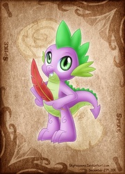 Size: 504x701 | Tagged: safe, artist:skyheavens, spike, dragon, g4, grin, male, quill, smiling, solo, standing