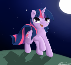 Size: 1367x1259 | Tagged: safe, artist:theparagon, twilight sparkle, pony, unicorn, g4, female, mare, moon, night, open mouth, raised hoof, solo, stars