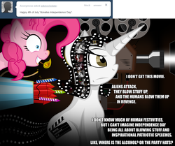 Size: 1000x834 | Tagged: safe, artist:jamescorck, pinkie pie, oc, oc:movie slate, g4, american independence day, ask, fireworks, independence day, independence day (movie), party cannon, tumblr
