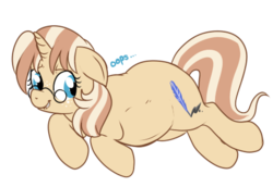 Size: 453x312 | Tagged: safe, artist:lulubell, oc, oc only, oc:lulubell, pony, unicorn, adorafatty, belly, big belly, fat, female, floppy ears, freckles, glasses, mare, simple background, solo, transparent background