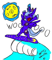 Size: 657x759 | Tagged: safe, artist:battybuddy, princess luna, pony, g4, female, moon, s1 luna, solo, surfing