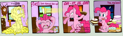 Size: 2980x884 | Tagged: safe, artist:ultrathehedgetoaster, pinkie pie, earth pony, pony, g4, breaking the fourth wall, cake, comic, dialogue, female, food, fourth wall, it is on, mare, messy, pie, pied, self ponidox, solo, time paradox
