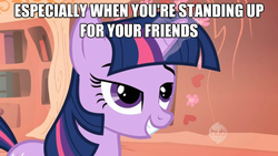 Size: 625x352 | Tagged: safe, twilight sparkle, pony, unicorn, g4, female, glowing horn, golden oaks library, grin, horn, hub logo, image macro, mare, smiling, solo, text, unicorn twilight