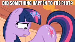 Size: 625x351 | Tagged: safe, edit, edited screencap, screencap, twilight sparkle, pony, g4, butt, caption, female, image macro, plot, poison joke, solo, twilight flopple