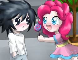 Size: 1984x1513 | Tagged: safe, artist:zorbitas, pinkie pie, human, g4, blushing, chibi, crack shipping, crossover, crossover shipping, death note, female, humanized, l, l lawliet, lawlipie, male, shipping, straight