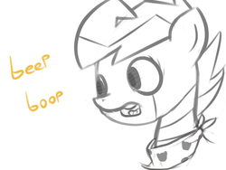 Size: 640x480 | Tagged: safe, artist:jordan, scootaloo, robot, g4, beep boop, bust, female, neckerchief, open mouth, scootabot, solo