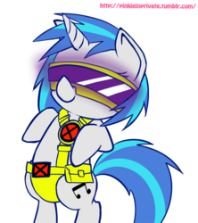 Size: 1000x1127 | Tagged: safe, artist:pinkieinprivate, dj pon-3, vinyl scratch, pony, unicorn, g4, 30 minute art challenge, clothes, cosplay, costume, cyclops (marvel), simple background, solo, visor, vyclops, white background, x-men