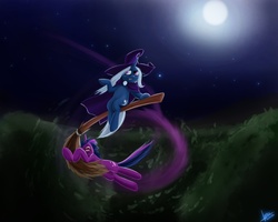 Size: 1500x1200 | Tagged: safe, artist:rublegun, trixie, twilight sparkle, g4, broom, contrail, flying, flying broomstick, full moon, holding, lidded eyes, moon, night, night sky, open mouth, screaming, shrug, sitting