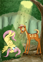 Size: 818x1158 | Tagged: safe, artist:bibliodragon, fluttershy, deer, fawn, pegasus, pony, g4, bambi, crash landing, crossover, cute, disney, female, male