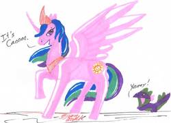 Size: 601x432 | Tagged: safe, princess celestia, spike, g4, duo, full body, raised hoof, side view, simple background, spread wings, traditional art, white background, wings, yay