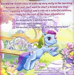 Size: 339x346 | Tagged: safe, artist:carlo loraso, rainbow dash (g3), earth pony, g3, official, backcard, flower, jumping, looking at you, smiling, smiling at you