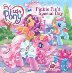 Size: 489x500 | Tagged: safe, pinkie pie (g3), rainbow dash (g3), scootaloo (g3), earth pony, pony, g3, official, pinkie pie's special day, blushing, book, book cover, clothes, cover, dress, female, heart, heart eyes, looking at you, mare, present, puffy sleeves, smiling, smiling at you, trio, trio female, wingding eyes