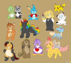 Size: 950x841 | Tagged: safe, artist:thiscrispykat, primrose, oc, alicorn, bear, bird, deer, flutter pony, panda, penguin, pikachu, rabbit, g1, alicorn oc, animal, care bears, horn, kimba the white lion, pokémon, simple background, tan background, wings