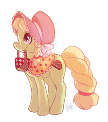 Size: 500x562 | Tagged: safe, artist:rollingrabbit, granny smith, earth pony, pony, family appreciation day, g4, adorasmith, basket, bonnet, braid, braided tail, cute, female, mare, mouth hold, pigtails, profile, simple background, solo, white background, young granny smith, younger