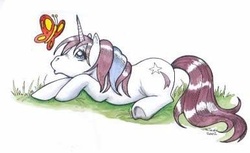 Size: 386x237 | Tagged: safe, artist:friedavanraevels, baby glory, butterfly, pony, unicorn, g1, 2005, female, filly, foal, horn, looking at something, lying down, not moondancer, prone, simple background, solo, traditional art, underhoof, white background