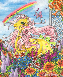 Size: 550x668 | Tagged: safe, artist:anniemsson, posey, butterfly, earth pony, pony, g1, 2007, bow, female, flower, garden, lattice, mare, open mouth, open smile, rainbow, smiling, solo, tail, tail bow, traditional art, watercolor painting, windswept mane, windswept tail