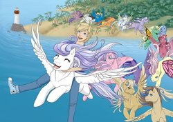 Size: 800x566 | Tagged: dead source, safe, artist:baby-blue-bell, oc, unnamed oc, alicorn, flutter pony, human, pegasus, pony, g3, beach, braid, braided ponytail, braided tail, butterfly wings, clothes, denim, eyes closed, female, flying, hoof heart, jeans, lighthouse, male, ocean, open mouth, open smile, palm tree, pants, ponytail, riding, riding a pony, shirt, shoes, smiling, sneakers, spread wings, t-shirt, tail, tree, underhoof, wings
