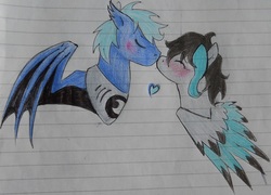 Size: 809x581 | Tagged: safe, artist:mlp-hatersgonnahate, oc, oc only, blushing, heart, kissing, nightflare moon