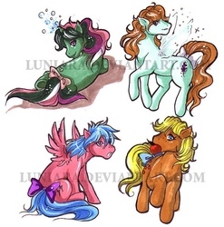 Size: 592x600 | Tagged: safe, artist:luniara, applejack (g1), firefly, fizzy, morning glory, earth pony, flutter pony, pegasus, pony, twinkle eyed pony, unicorn, g1, 2004, apple, bow, bubble, female, flying, food, group, horn, looking at you, looking back, looking back at you, lying down, mare, mouth hold, obtrusive watermark, prone, quartet, raised hoof, sitting, standing, tail, tail bow, watermark