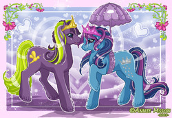 Size: 600x413 | Tagged: safe, artist:anniemsson, prince firefly, princess silver rain, earth pony, pony, g2, female, heart, looking at each other, male, mare, raised hoof, ship:silverfly, shipping, smiling, stallion, straight, umbrella