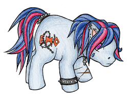 Size: 400x311 | Tagged: artist needed, dead source, safe, oc, oc only, earth pony, pony, g3, cross, ear piercing, earring, emo, face tattoo, g3betes, helix piercing, jewelry, piercing, scar, simple background, spiked tail band, spiked wristband, tail, tattoo, white background, wristband