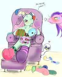 Size: 542x669 | Tagged: safe, artist:evil dead pony, kimono, minty, duck, earth pony, pony, g3, 2007, angry, chair, clothes, dialogue, female, heart, kimono's townhouse, mare, oh minty minty minty, red face, socks, striped socks, that pony sure does love socks