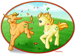 Size: 700x520 | Tagged: safe, artist:lazyjenny, baby leafy, baby lucky leaf, butterfly, cow, pony, unicorn, g1, 2006, baby, calf, female, filly, foal, pony friends, running