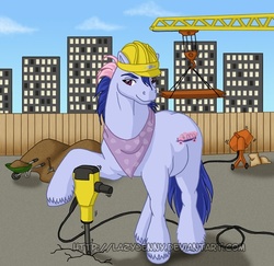 Size: 618x600 | Tagged: safe, artist:lazyjenny, 4-speed, earth pony, pony, g1, 2008, bandana, city, construction pony, construction site, day, dirt, hard hat, jackhammer, male, neckerchief, raised hoof, solo, stallion, unshorn fetlocks, wheelbarrow