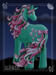 Size: 450x602 | Tagged: safe, artist:lazyjenny, fizzy, pony, twinkle eyed pony, unicorn, g1, 2006, bow, cloud, female, moon, night, night sky, sky, solo, standing, tail, tail bow, windswept hair, windswept mane, windswept tail