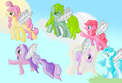 Size: 900x614 | Tagged: safe, artist:walldaisy, forget-me-not, honeysuckle, lily (g1), morning glory, peach blossom, rosedust, flutter pony, g1, g4, female, g1 to g4, generation leap