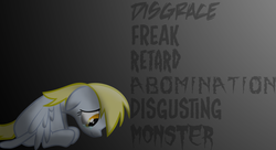 Size: 900x491 | Tagged: safe, artist:chriss88, derpy hooves, pegasus, pony, g4, abuse, bullying, crying, derpybuse, derpygate, disembodied thoughts, female, mare, sad, save derpy