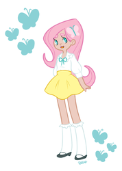 Size: 496x696 | Tagged: safe, artist:breadpuddi, fluttershy, human, g4, clothes, female, flattershy, humanized, simple background, skirt, solo, white background