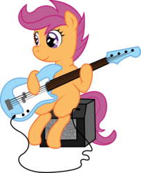 Size: 6578x8042 | Tagged: safe, artist:deadparrot22, scootaloo, pony, g4, absurd resolution, amplifier, bass guitar, electric guitar, female, guitar, musical instrument, scootabass, simple background, sitting, solo, transparent background